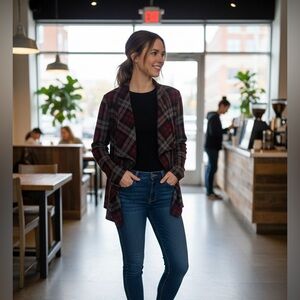 BB Dakota Women’s Burgundy and Gray Plaid Open Front Cardigan